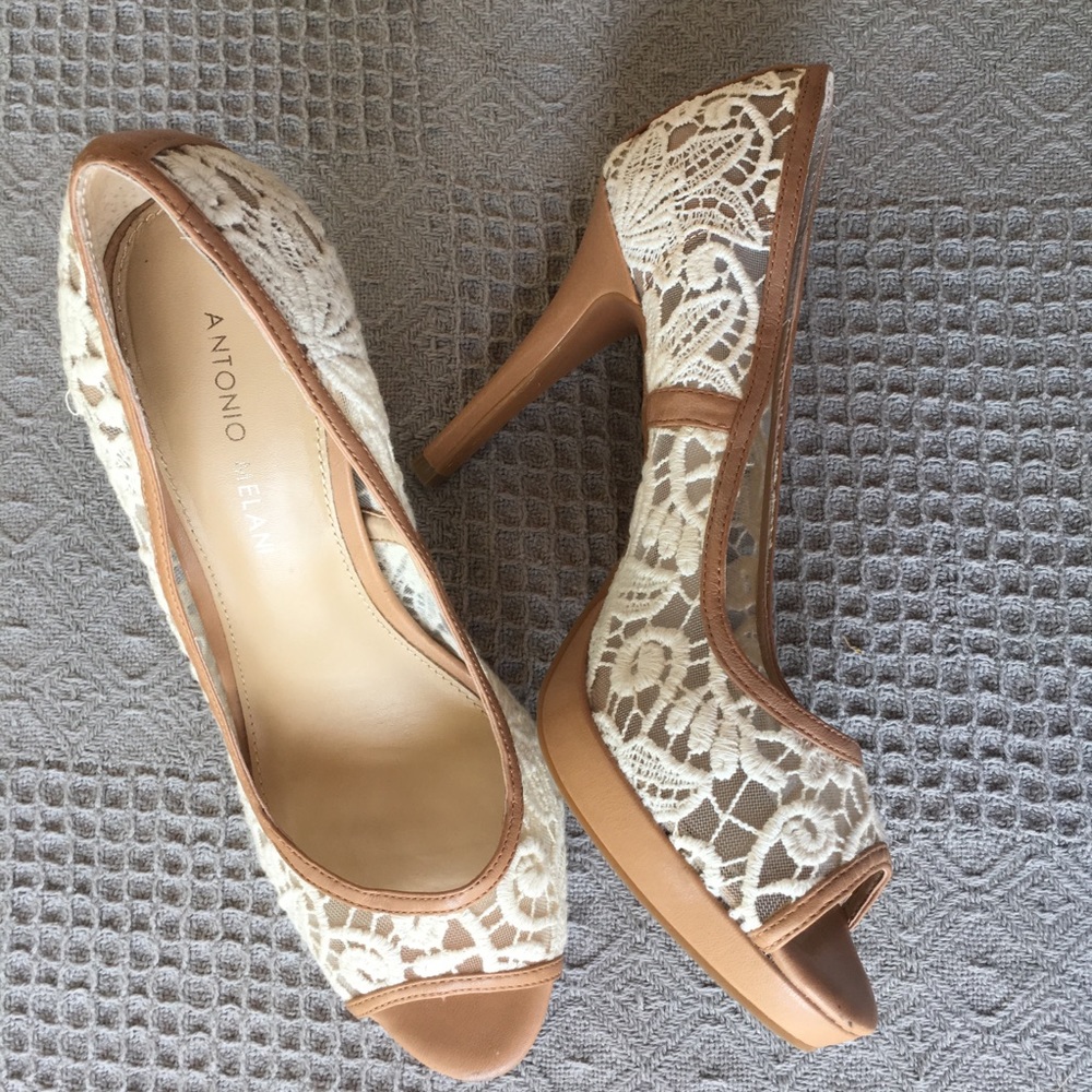 Antonio Melanie Tan & Ivory Lace Slip On Heels